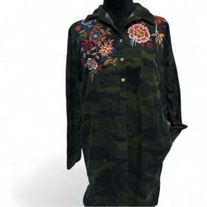Johnny Was Camouflage Tunic Dress Floral Embroidery Boho